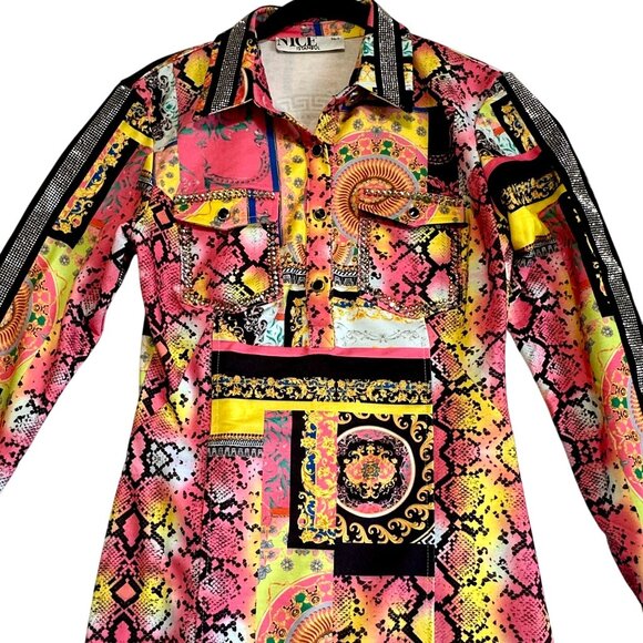Nice Istanbul Baroque Print Embellished Long Sleeve Mini Bodycon Dress Sz 36 / S - Picture 3 of 9